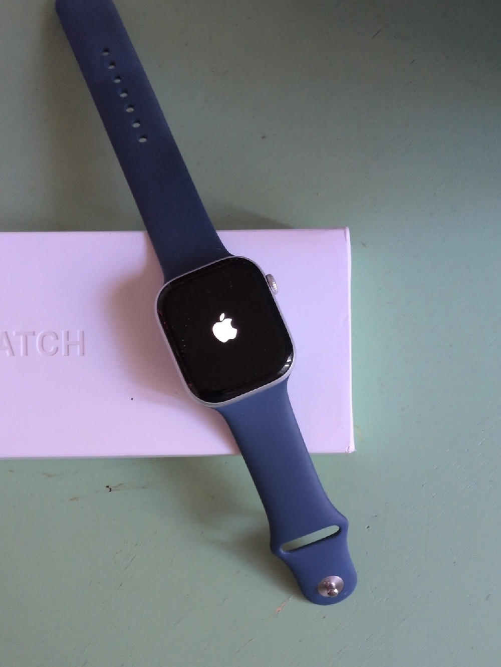 Apple Watch Silver Case with Navy Blue Sport Band